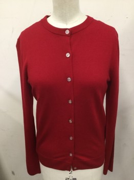 BROOKS BROTHERS, Red, Cotton, Solid, Crew Neck, Button Front,