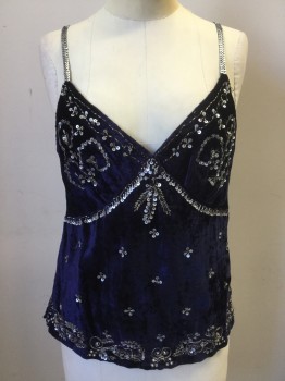 Womens, Top, TOCCA, Navy Blue, Silver, Rayon, Cotton, Solid, 8, Velvet Camisole, Silver Sequin/Beaded Swirls/Florettes, Sequinned Straps, Side Seam Zip
