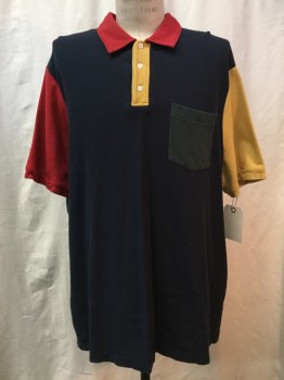 PENGUIN, Navy Blue, Dk Green, Red, Yellow, Cotton, Color Blocking, Short Sleeves,
