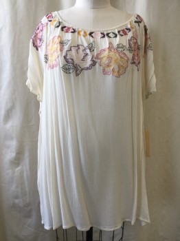 Womens, Top, TORRID, Cream, Multi-color, Rayon, Floral, 4 X , Round Neck,  Short Sleeves, Colorful Floral Embroidery