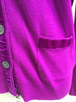 J CREW, Violet Purple, Wool, Acrylic, Solid, Button Front, Velvet Ribbon Trim, 2 Pockets, Long Sleeves,
