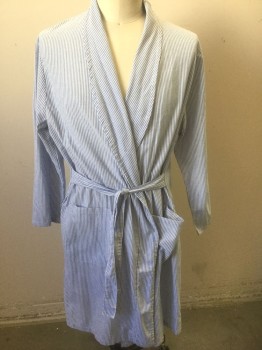 Unisex, Patient Robe, LANDAU, Lt Blue, White, Poly/Cotton, Stripes - Vertical , M, Long Sleeves, Shawl Lapel, 2 Patch Pockets at Hips, Self Ties Attached at Waist