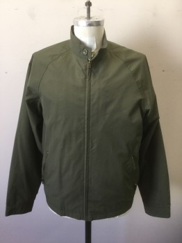 Mens, Casual Jacket, ST.JOHN'S BAY, Olive Green, Nylon, Solid, M, Zip Front, Stand Collar, Raglan Sleeves, 2 Zip Pockets, Beige Solid Cotton Lining