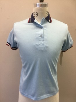 KING LOUIE, Lt Blue, Poly/Cotton, Solid, Color Blocking, 3 Buttons,  Short Sleeves, Navy/Red/White Rib Knit Collar and Cuffs