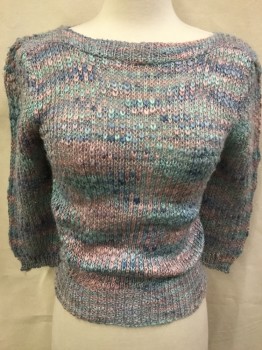 Womens, Sweater, TOMBOY, Pink, Lavender Purple, Sea Foam Green, Blue, Mauve Pink, Acrylic, Heathered, 32 B, Boucle Knit, 3/4 Sleeve, Boat Neck, Pull Over, Silver Lurex Mixed In...