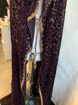 Unisex, Sci-Fi/Fantasy Cape/Cloak, N/L, Maroon Red, Gold, Polyester, Cotton, Floral, O/S, Sheer Maroon with Velvet Floral Embossed, Open Front with Dull Iridescent Gold Swirl Waive Ribbon-like Trim, Open Side Both Side with 2 Gold Cord-rope Tie  with Zig-zag 2 Gold Balls End