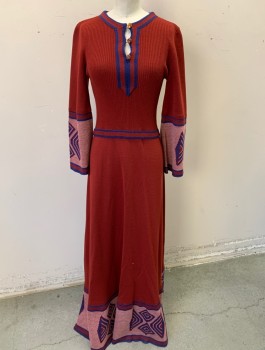 GIAMO, Brick Red, Navy Blue, Dusty Rose Pink, Acrylic, Solid, Geometric, Ribbed Sweater Knit, Maxi Dress, Long Flared Sleeves, Round Neck with 3 Button Placket, Navy Trim at Placket and Waist, Geometric Detail at Cuffs and Hem, Floor Length,
