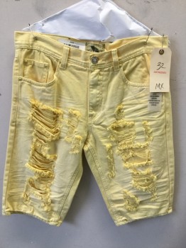 Mens, Shorts, MX, Yellow, Cotton, Solid, W 32, Aged/Distressed,  5 Pockets,