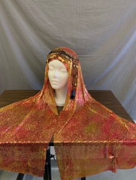 Unisex, Historical Fiction Headpiece, N/L MTO, Copper Metallic, Gold, Metallic/Metal, Beaded, Copper Gold Mesh Over Black Felt Cap, Gold Hanging Tassles with Multicolor Beads Along Forehead, Made To Order