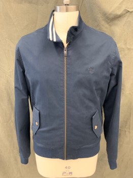 Mens, Casual Jacket, PENQUIN, Navy Blue, Cotton, Spandex, Solid, L, Zip Front, Stand Collar with Button Closure, White/Navy Stripe Ribbed Knit Interior, Long Sleeves, Solid Navy Ribbed Knit Waistband/Cuff, 2 Pockets