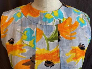 N/L, Off White, Gray, Orange, Yellow, Turquoise Blue, Linen, Floral, 1.5" Seam Crew Neck, Solid Yellow Lining,  Sleeveless, Zip Back, Flare Bottom