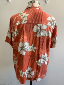 Mens, Hawaiian Shirt, ISLAND SHORES, Brick Red, Off White, Gray, Silk, Hawaiian Print, Floral, XXL, Hibiscus Flowers and Palm Fronds, Short Sleeve Button Front, Collar Attached, 1 Patch Pocket with 1 Button Closure