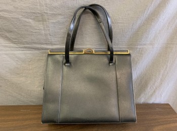 N/L, Black, Leather, Gold Clasp Opening with Half Circle Snap Closure, 2 Self Handles, Lining is Beige Suede, **A Little Scuffed