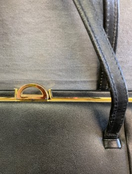 N/L, Black, Leather, Gold Clasp Opening with Half Circle Snap Closure, 2 Self Handles, Lining is Beige Suede, **A Little Scuffed