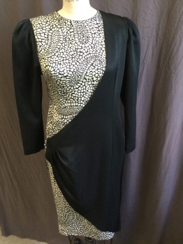 CANDY PIA, Black, Off White, Silk, Cotton, Color Blocking, Black with Cream Stone-like Abstract Paisley Print, Crew Neck, Black Overlap with Self Loop Cover Buttons, Long Sleeves, Solid Black Back, Zip Back, 1 Hook & Eye, Split Back Center Hem