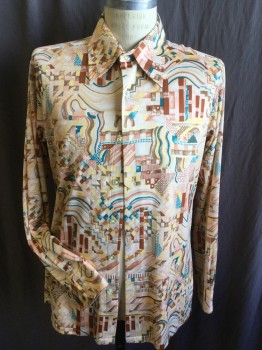 FOX 66, Beige, Brown, Blush Pink, Teal Green, Cream, Polyester, Abstract , Collar Attached, Button Front, Long Sleeves, Knit,