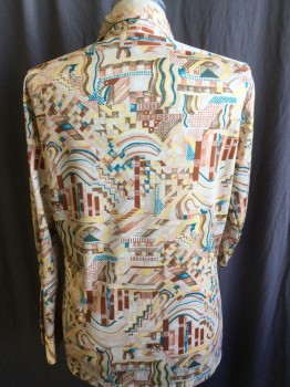 FOX 66, Beige, Brown, Blush Pink, Teal Green, Cream, Polyester, Abstract , Collar Attached, Button Front, Long Sleeves, Knit,