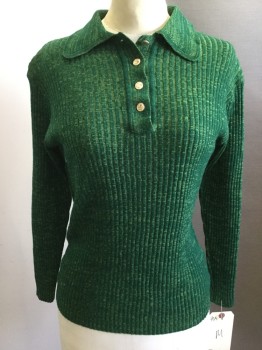 N/L, Green, Lt Green, Acrylic, Heathered, Rib Knit, Long Sleeves, Collar Attached, Button Placket, Pullover,