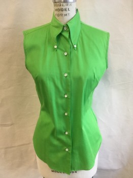SEARS, Lime Green, Cotton, Solid, Collar Attached,  Button Down, `Button Front, Sleeveless, Curved Hem