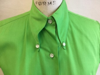 SEARS, Lime Green, Cotton, Solid, Collar Attached,  Button Down, `Button Front, Sleeveless, Curved Hem