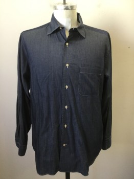 SAKS FIFTH AVE, Denim Blue, Cotton, Solid, Button Front, Collar Attached, Long Sleeves, 1 Pocket