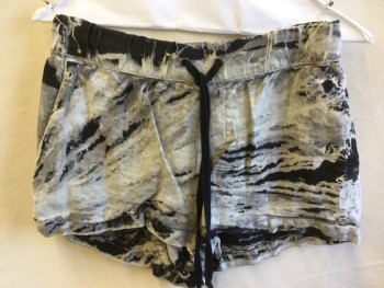 Womens, Shorts, ENZA, Gray, Ecru, Black, Linen, Tie-dye, XS, 2" Elastic Waistband with Black Shoe Lace D-string, 2 Side Pockets