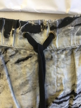 Womens, Shorts, ENZA, Gray, Ecru, Black, Linen, Tie-dye, XS, 2" Elastic Waistband with Black Shoe Lace D-string, 2 Side Pockets