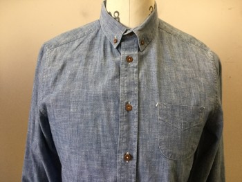 BEN SHERMAN, Lt Blue, Cotton, Heathered, Long Sleeves, Button Front, Button Down Collar Attached, 1 Pocket, Chambray,