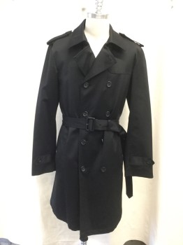 Mens, Coat, Trenchcoat, JOS A BANK, Black, Cotton, Nylon, Solid, 38R, Double Breasted, Collar Attached, Epaulets, 2 Pockets, Long Sleeves, Button Tab Cuffs, Vented Back Yoke, Belt Loops, Self Buckle Belt, Poly/Wool Detachable Lining