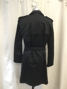 Mens, Coat, Trenchcoat, JOS A BANK, Black, Cotton, Nylon, Solid, 38R, Double Breasted, Collar Attached, Epaulets, 2 Pockets, Long Sleeves, Button Tab Cuffs, Vented Back Yoke, Belt Loops, Self Buckle Belt, Poly/Wool Detachable Lining