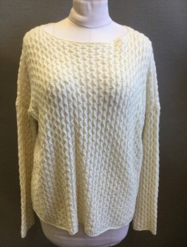 Womens, Pullover, VINCE, Cream, Wool, Acrylic, Solid, Cable Knit, M, Long Sleeves, Bateau/Boat Neck, Oversized Fit