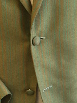 MARGAL, Burnt Umber Brn, Green, Wool, Polyester, Stripes - Vertical , Notched Lapel, Single Breasted, 2 Self Cover Button Front, Light Mute Peach-orange with Light Olive Mottled/abstract Lining, 2 Pockets, Long Sleeves,