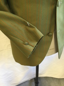 MARGAL, Burnt Umber Brn, Green, Wool, Polyester, Stripes - Vertical , Notched Lapel, Single Breasted, 2 Self Cover Button Front, Light Mute Peach-orange with Light Olive Mottled/abstract Lining, 2 Pockets, Long Sleeves,