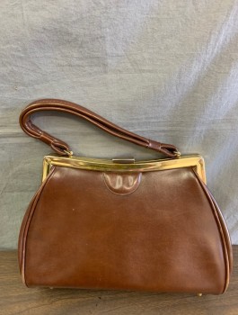 N/L, Brown, Leather, Gold Clasp/Opening, 1 Self Handle, Half Circle Shaped Flap Detail at Front, Lining is Black Leather,