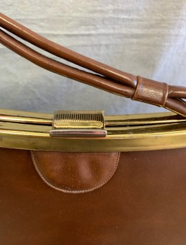 N/L, Brown, Leather, Gold Clasp/Opening, 1 Self Handle, Half Circle Shaped Flap Detail at Front, Lining is Black Leather,