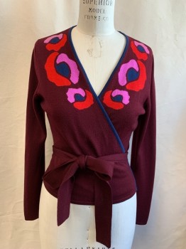 DVF, Maroon Red, Wool, Wrap Sweater, Pink/Navy/Red Abstract Floral, Navy Trim, Attached Self Wrap Belt