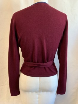 Womens, Cardigan Sweater, DVF, Maroon Red, Wool, L, Wrap Sweater, Pink/Navy/Red Abstract Floral, Navy Trim, Attached Self Wrap Belt