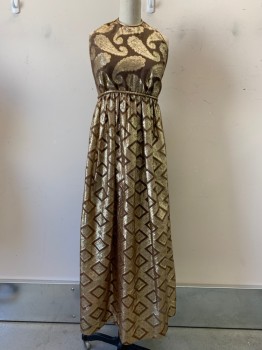 Womens, Evening Gown, Saks Fifth Ave., Brown, Gold, Polyester, Diamonds, Paisley/Swirls, W24, B32, Halter Neck with Back Clips, Waist Band with Back Bows, Back Zipper, Pleated
