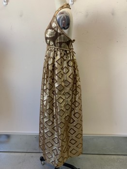 Saks Fifth Ave., Brown, Gold, Polyester, Diamonds, Paisley/Swirls, Halter Neck with Back Clips, Waist Band with Back Bows, Back Zipper, Pleated
