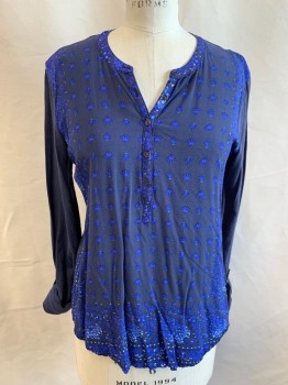 Womens, Top, LUCKY BRAND, Navy Blue, Blue, White, Cotton, Modal, Abstract , Paisley/Swirls, S, Henley, 5 Button Placket, Long Sleeves with Button Tab for Roll Up Sleeve, Cross Over Back Tail, *slight Shoulder Burn*