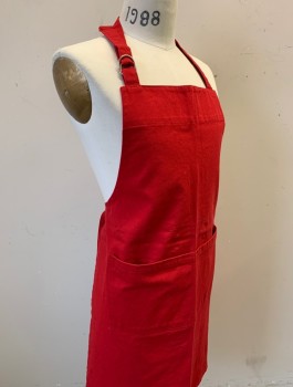 N/L, Red, Cotton, Solid, Twill, 2 Patch Pockets/Compartments, Adjustable Neck Strap, Self Ties at Waist