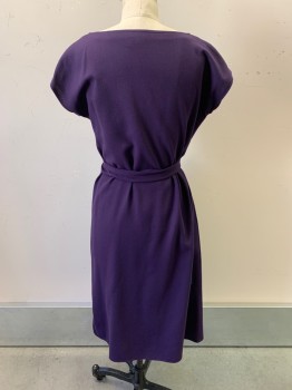 Womens, 1980s Vintage, Piece 2, HAL KRASELL, Dk Purple, Polyester, S, V-N, Cap Sleeves, Hem Below Knee, With Matching Belt