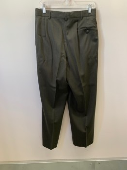 ADOLFO, Dk Olive Grn, Black, Wool, Stripes - Pin, Side Pockets, Zip Front, Pleated Front, 2 Back Pockets