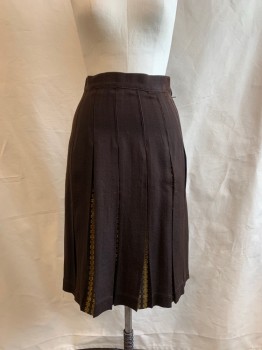 Womens, Skirt, MTO, Brown, Gold, Acrylic, Solid, Squares, 27, Side Zipper, Box Pleats, Gold Squares Inside Pleats
