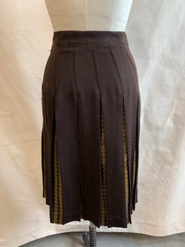 Womens, Skirt, MTO, Brown, Gold, Acrylic, Solid, Squares, 27, Side Zipper, Box Pleats, Gold Squares Inside Pleats