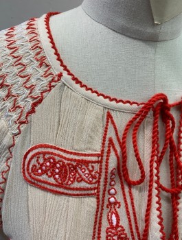 Womens, Blouse, FREE PEOPLE, Ecru, Red, White, Cotton, S, Peasant Blouse, Gauze, 3/4 Sleeves, Red and White Embroidered Appliques, Smocked Cuffs and Shoulders/Neck, Round Neck with Red Corded Ties with Tassles, Keyhole Center Front Neck