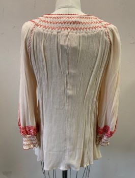 Womens, Blouse, FREE PEOPLE, Ecru, Red, White, Cotton, S, Peasant Blouse, Gauze, 3/4 Sleeves, Red and White Embroidered Appliques, Smocked Cuffs and Shoulders/Neck, Round Neck with Red Corded Ties with Tassles, Keyhole Center Front Neck