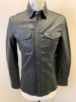 Mens, Leather Jacket, JOHN VARVATOS, Black, Leather, Solid, M, Snap Front, Collar Attached, 2 Flap Pockets