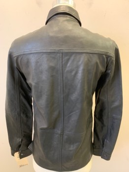 Mens, Leather Jacket, JOHN VARVATOS, Black, Leather, Solid, M, Snap Front, Collar Attached, 2 Flap Pockets