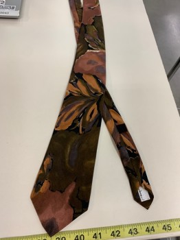 Mens, Tie, FLORENZI, Mauve Pink, Moss Green, Tan Brown, Black, Olive Green, Polyester, Abstract , O/S, Four in Hand